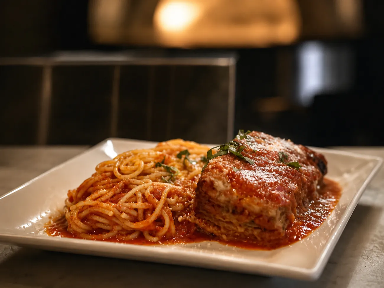 Chicken parmigiana over spaghetti