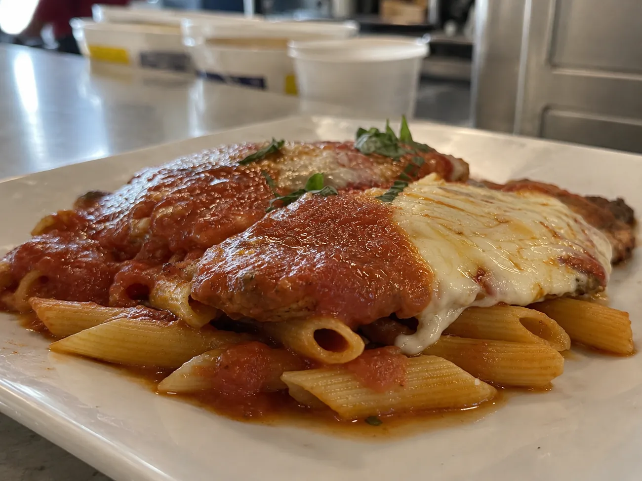 Parmigiana over penne with melted mozzarella
