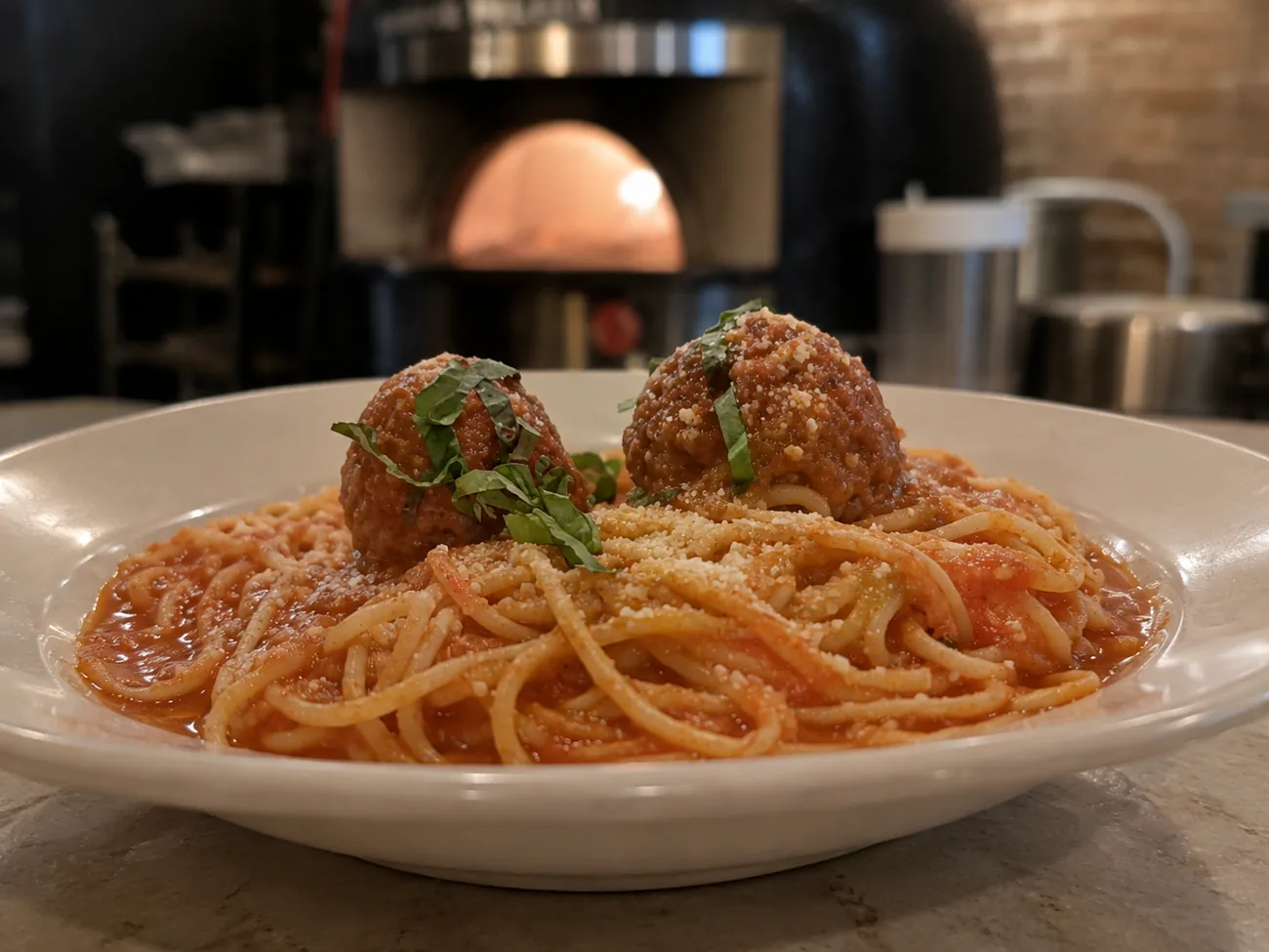 Spaghetti and meatballs in marinara