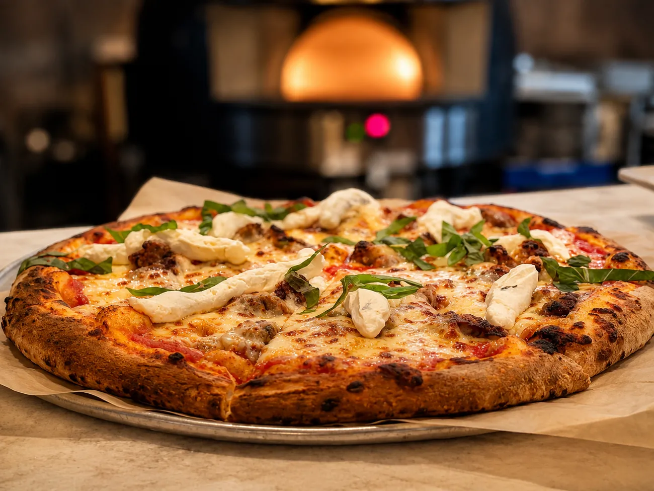 A wood-fired pizza fresh from the oven, blistered and topped with fresh basil