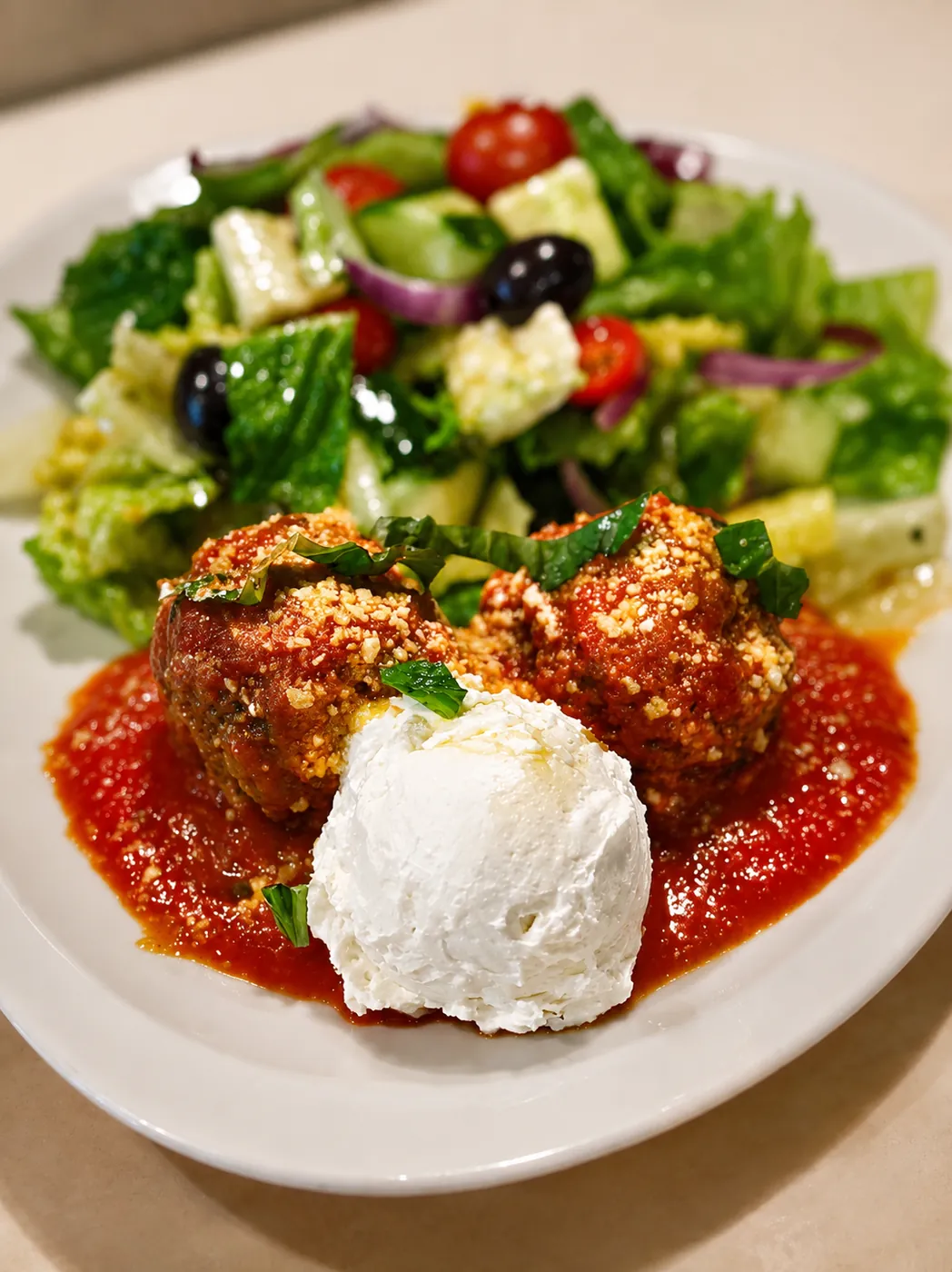 Meatballs with ricotta alongside a garden salad